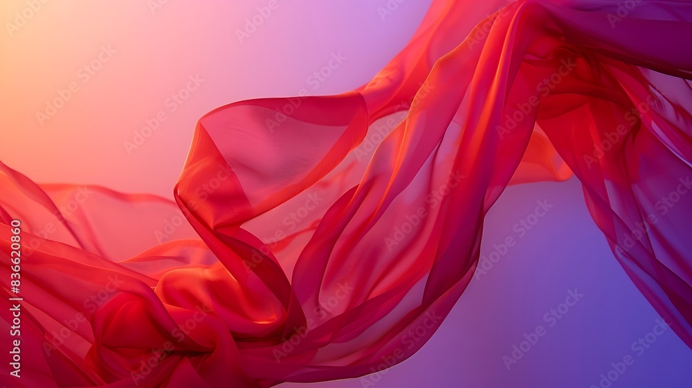 Red fabric elegantly suspended against a dreamy purple-to-pink gradient backdrop. Red fabric elegantly suspended against a dreamy purple-to-pink gradient backdrop.