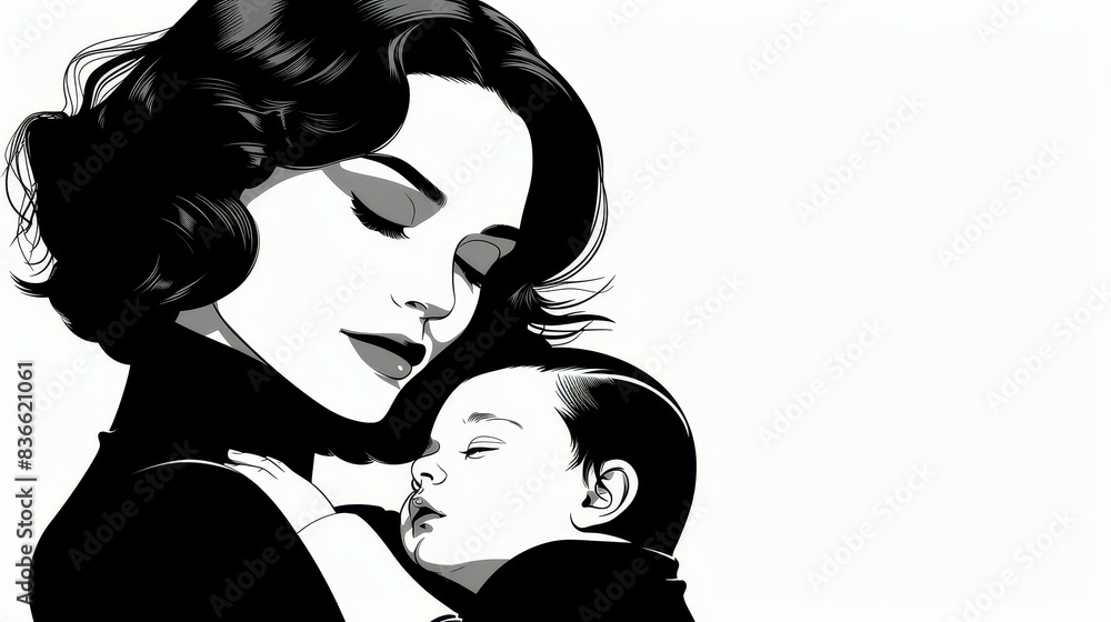Detailed illustration of an elegant woman holding a sleeping baby with a gentle expression. Detailed illustration of an elegant woman holding a sleeping baby with a gentle expression.
