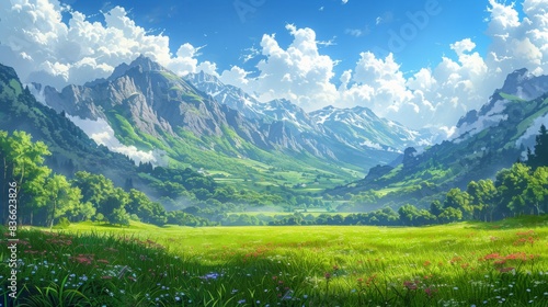 Verdant Meadow with Soothing Blue Sky and Scenic Mountain Range, Idyllic Nature Landscape Photography