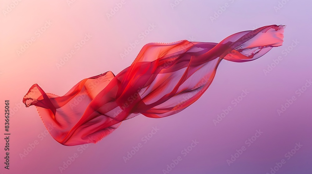 Red fabric gracefully suspended against a gentle pink-to-purple gradient backdrop. Red fabric gracefully suspended against a gentle pink-to-purple gradient backdrop.