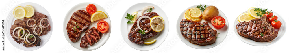Grilled juicy beef steak with lemon, tomato slice, onion rings in white plate, Isolated PNG, transparent cutout, top view
Grilled juicy beef steak with lemon, tomato slice, onion rings in white plate, Isolated PNG, transparent cutout, top view