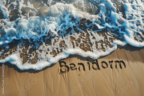 Benidorm, Spain written in the sand on a beach. Spanish tourism and vacation background photo
