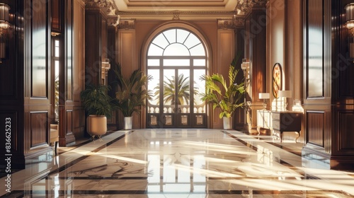 Eine Luxus Hotel Lobby mit MÃ¶beln und einem groÃen Fenster Eingangsbereich, Generative AI photo