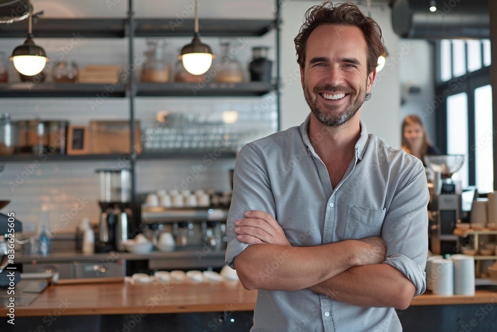 Happy man in casual attire with arms crossed, radiating confidence. Perfect for themes of people, success, business growth, and a bright future. Happy man in casual attire with arms crossed, radiating confidence. Perfect for themes of people, success, business growth, and a bright future.