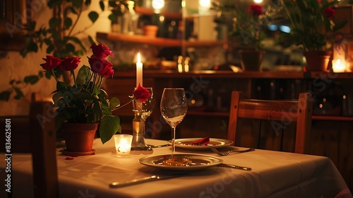 Restaurant table set for two, flowers and candlelight, cozy atmosphere.