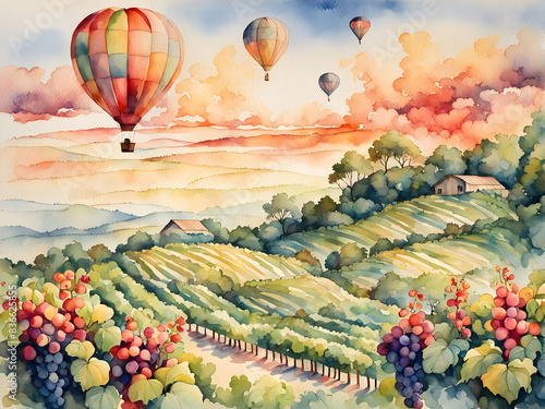 An Enchanting Watercolor of a Hot Air Balloon Drifting Above Colorful Patchwork Fields photo