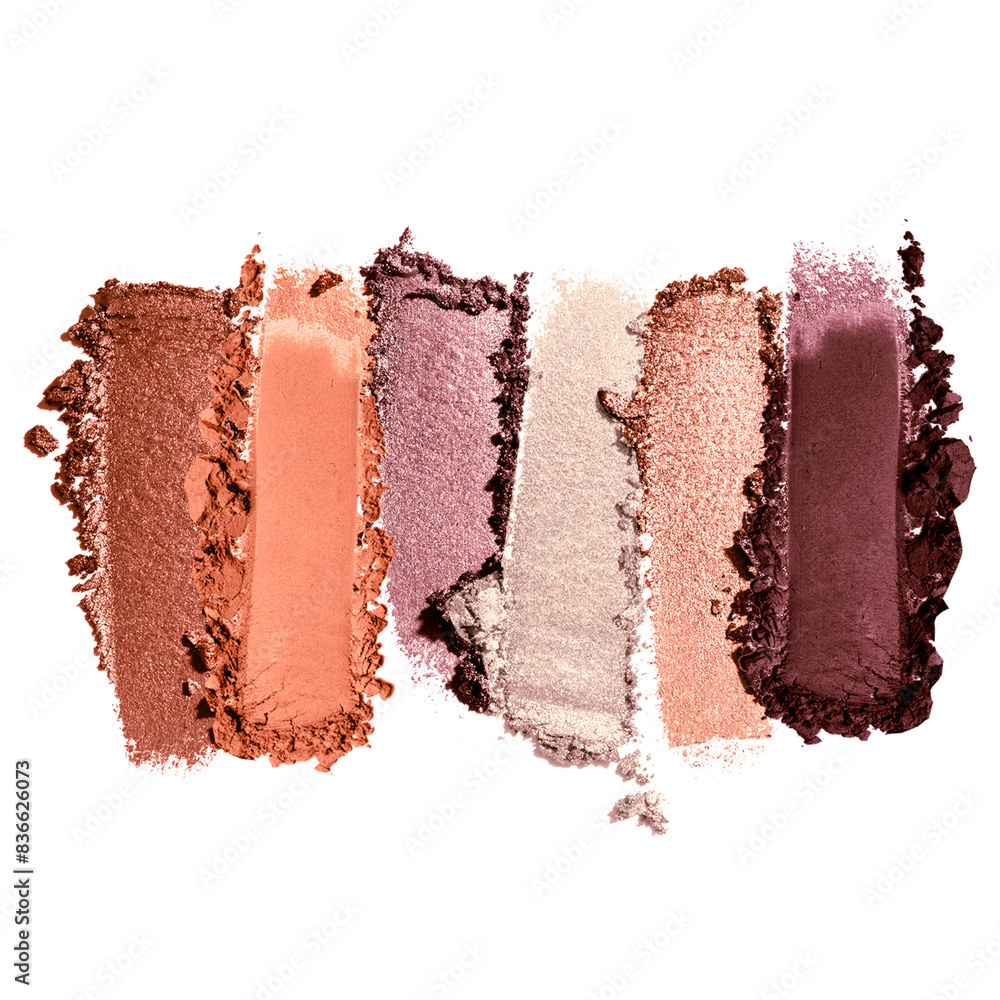 A swatch of eyeshadow colors. It shows five different shades in summer tone. A swatch of eyeshadow colors. It shows five different shades in summer tone.