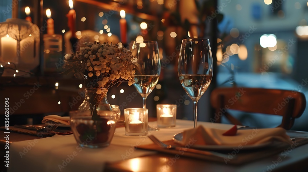 Restaurant table set for two, flowers and candlelight, cozy atmosphere. Restaurant table set for two, flowers and candlelight, cozy atmosphere.