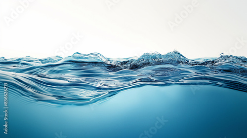 Blue water smooth line surface, side view ,See clearly through the opposite side ,no air bubbles inside ,on white background.