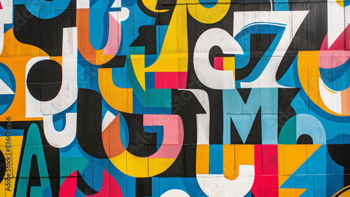 A colorful graffiti mural featuring various abstract shapes and letters in a geometric pattern on a wall. photo