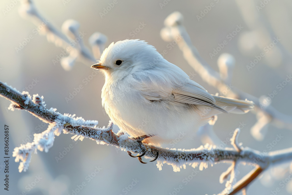 A photorealistic closeup of a little cute fluffy white bird in hoarfrost on a branch under the snow A photorealistic closeup of a little cute fluffy white bird in hoarfrost on a branch under the snow