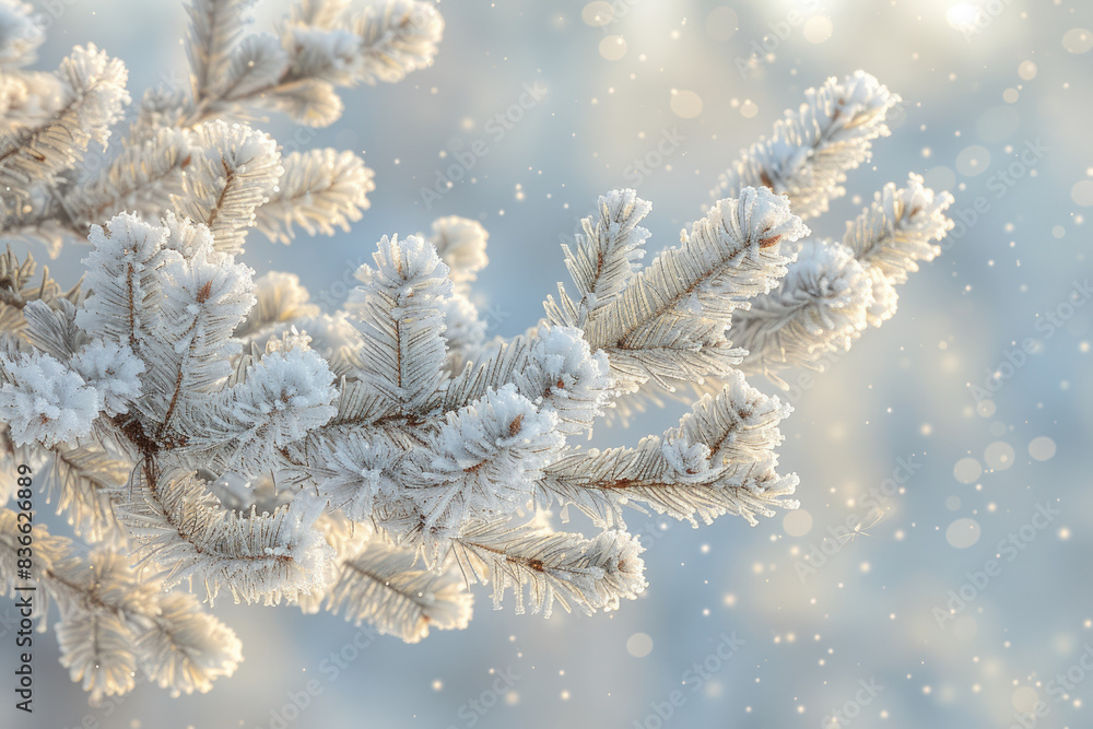A photorealistic closeup of fir branches covered with hoarfrost against the backdrop of fluffy snowdrifts of pure snow