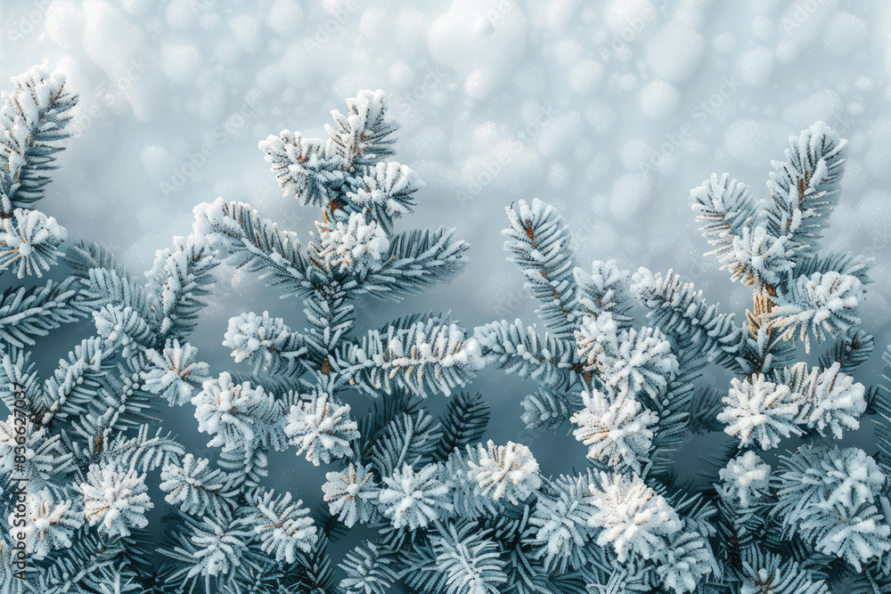 A photorealistic scene of fir branches covered with hoarfrost against the backdrop of fluffy snowdrifts of pure snow A photorealistic scene of fir branches covered with hoarfrost against the backdrop of fluffy snowdrifts of pure snow