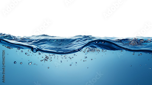 Blue water smooth line surface, side view ,See clearly through the opposite side ,on white background.