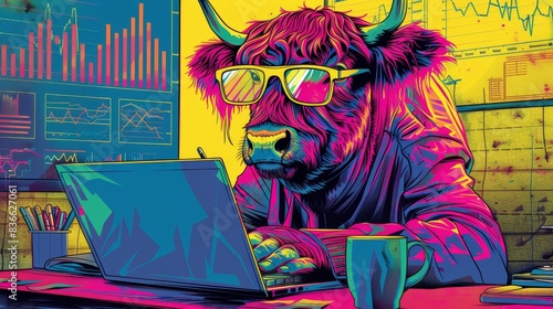Colorful Highland cow in glasses working on laptop with financial charts in vibrant neon office photo