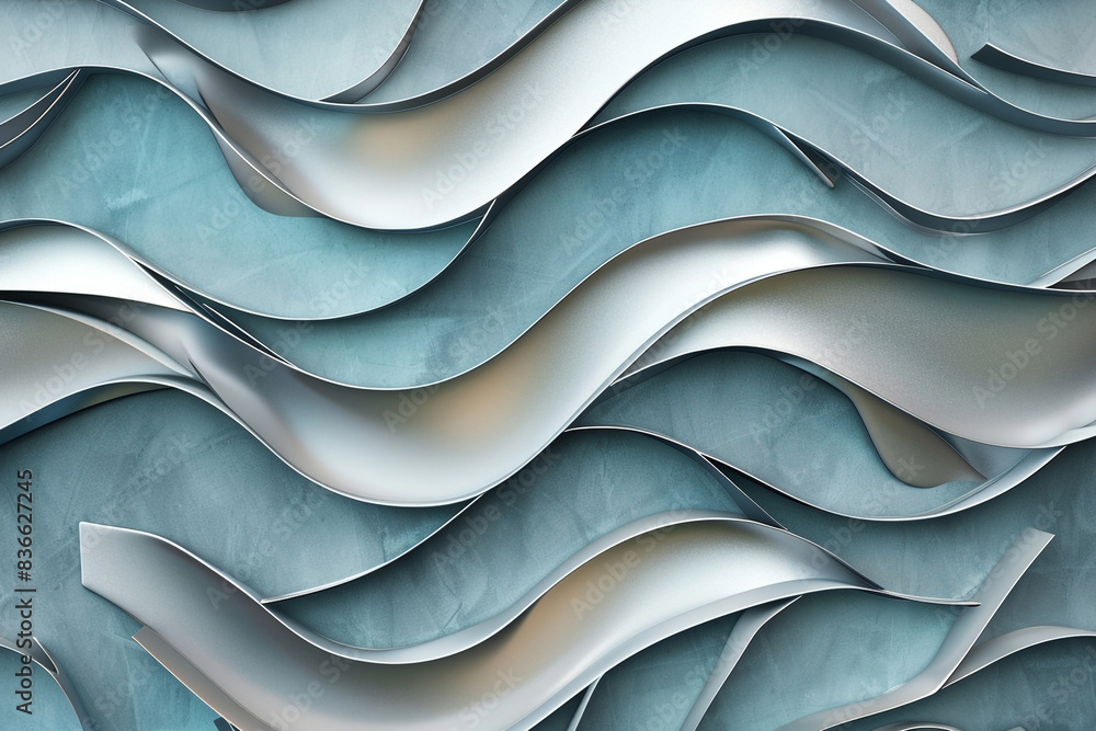 An elegant 3D wall art design showcasing an abstract pattern of overlapping waves in shades of silver and blue, creating a calming decor element. An elegant 3D wall art design showcasing an abstract pattern of overlapping waves in shades of silver and blue, creating a calming decor element.