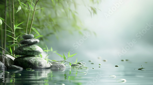 Zen garden with stacked stones and bamboo by tranquil water. Copy space. Generative AI 