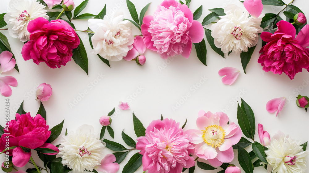 Obraz premium Pink peonies and assorted flowers on white background. Copy space. Generative AI