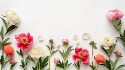 Fototapeta Naklejka Na Ścianę i Meble -  Pink peonies and assorted flowers on white background. Copy space. Generative AI	