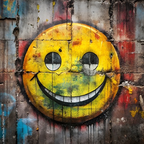 Urban Joy: Smile Emoji Graffiti on Old Wall