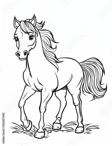 Horse cartoon illustration isolated on white - Simple Patterns - Line Art  - Black and white - Easy Coloring Pages - Coloring Pages for All Ages - Relaxing Coloring Pages for Adults