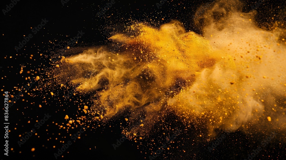 A vibrant explosion of gold powder erupts against a stark black background, creating a mesmerizing cloud of particles that dance and swirl in mid-air. golden yellow powder explosion on a black.
