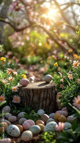 Background image of a serene garden with Easter decorations, featuring a rustic wooden pedestal for product placement photo