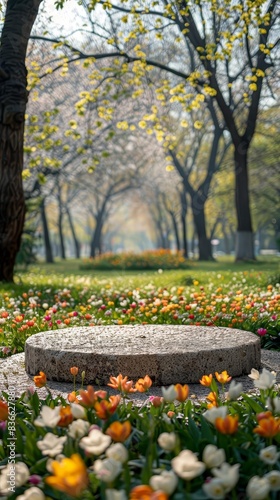 Background image of a serene park with spring flowers, featuring a stone podium for product placement photo