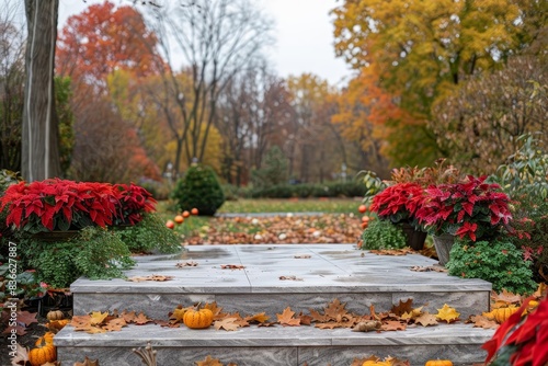 Background image of a serene park with Thanksgiving decorations, featuring a marble podium for product placement photo