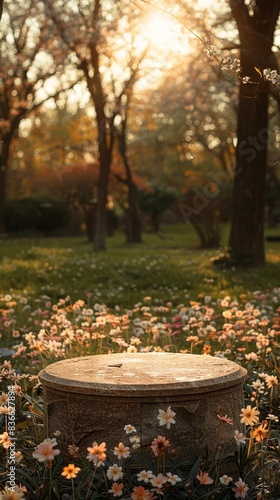 Background image of a serene park with spring flowers, featuring a stone podium for product placement photo