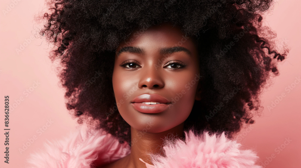 Portrait of a Beautiful Black Woman in a Pink Fur Coat with a Natural Afro Hairstyle. Generative AI Portrait of a Beautiful Black Woman in a Pink Fur Coat with a Natural Afro Hairstyle. Generative AI