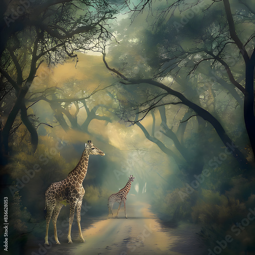 giraffe in the savannah. Generative AI