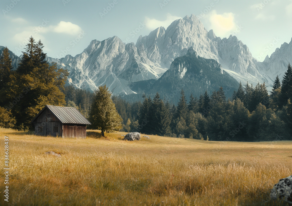 Rustic cabin in a serene meadow with tall, jagged mountains in the background, surrounded by autumn trees
