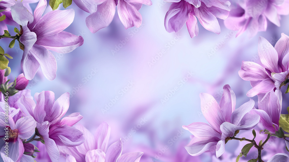 Beautiful Blooming Pink Magnolias on a Soft Pastel Background. Copy space. Generative AI Beautiful Blooming Pink Magnolias on a Soft Pastel Background. Copy space. Generative AI