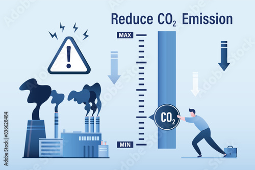 Politician or businessman uses slider on control panel, volunteer reduces carbon emissions. Zero emission. Ecological problems are piling up. Poor performance energy