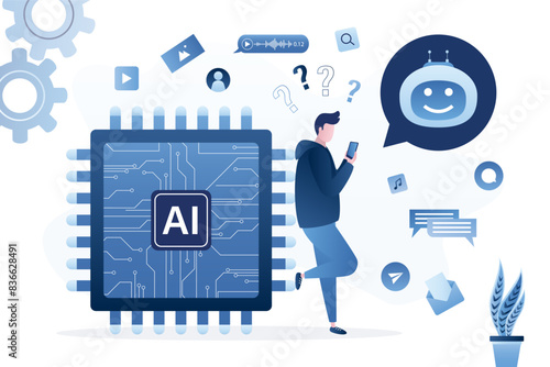 Chatbot ai and customer service. User talking with chat bot. Male character standing near giant chip with AI. Chat bot virtual assistant via messaging. Customer support.