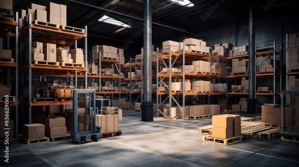 Obraz premium Illustration warehouse interior featuring shelves, pallets, and boxes