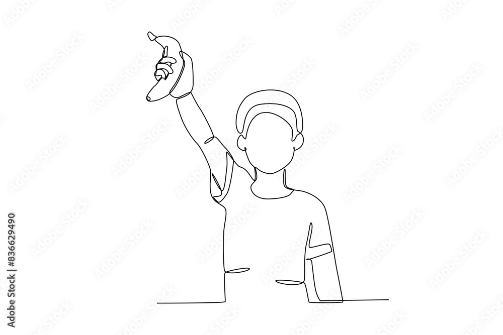 Single continuous line drawing of a Boy holding banana, world vegetarian day concept. One line draw design vector illustration
Single continuous line drawing of a Boy holding banana, world vegetarian day concept. One line draw design vector illustration