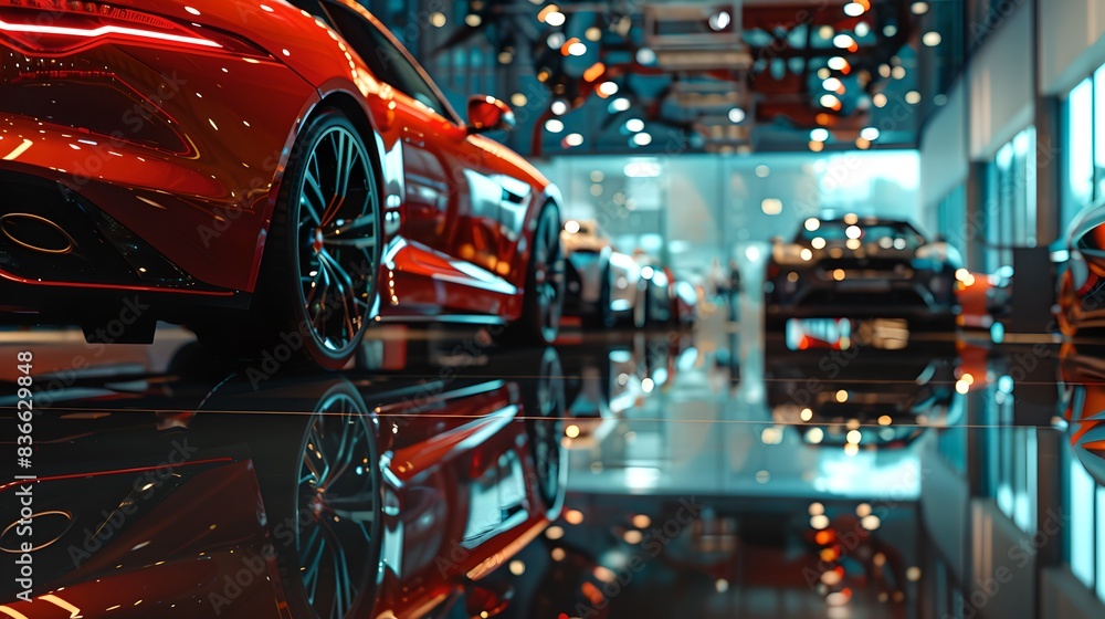 Sleek Red Sports Car Front and Center in Modern Showroom with Luxury Vehicles Sleek Red Sports Car Front and Center in Modern Showroom with Luxury Vehicles