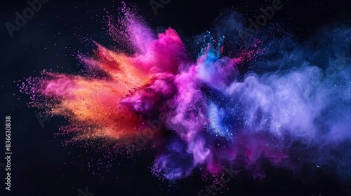 A vibrant explosion of colorful powder erupts against a stark black background, creating a mesmerizing cloud of particles that dance and swirl in mid-air. Colorful powder explosion on a black. photo