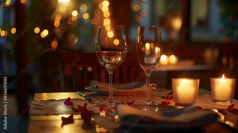 Romantic restaurant table with wine glasses and candles, elegant setup. Romantic restaurant table with wine glasses and candles, elegant setup.