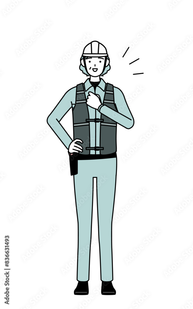 Senior female engineer in helmet and work wear tapping her chest. Senior female engineer in helmet and work wear tapping her chest.
