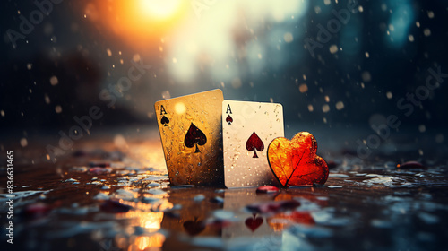 playing cards in the autumn park and rain