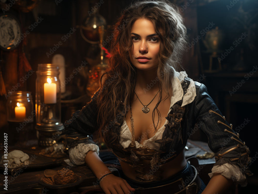 Pirate Woman In Striped Shirt And High Boots, Holding Dagger, Sits On Chest Of Gold Coins And Jewels In Dimly Lit Cabin Pirate Woman In Striped Shirt And High Boots, Holding Dagger, Sits On Chest Of Gold Coins And Jewels In Dimly Lit Cabin