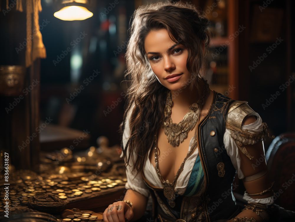 Pirate Woman In Striped Shirt And High Boots, Holding Dagger, Sits On Chest Of Gold Coins And Jewels In Dimly Lit Cabin Pirate Woman In Striped Shirt And High Boots, Holding Dagger, Sits On Chest Of Gold Coins And Jewels In Dimly Lit Cabin