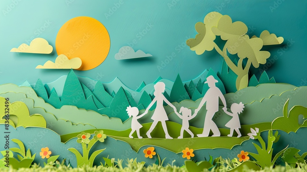 Obraz premium paper cut craft scene of family activities