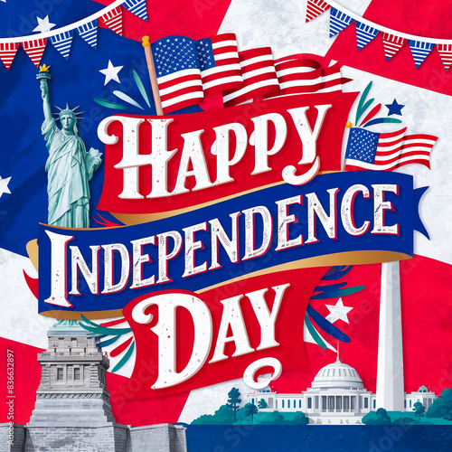 Confetti, USA flag, statue of liberty, american city. United states of independence day of decoration