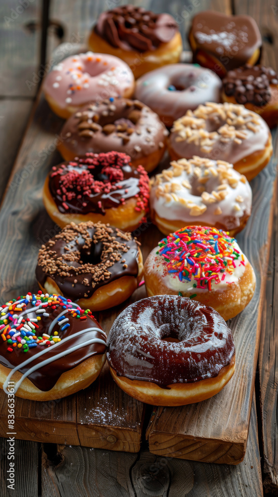A wooden board with a variety of donuts on it