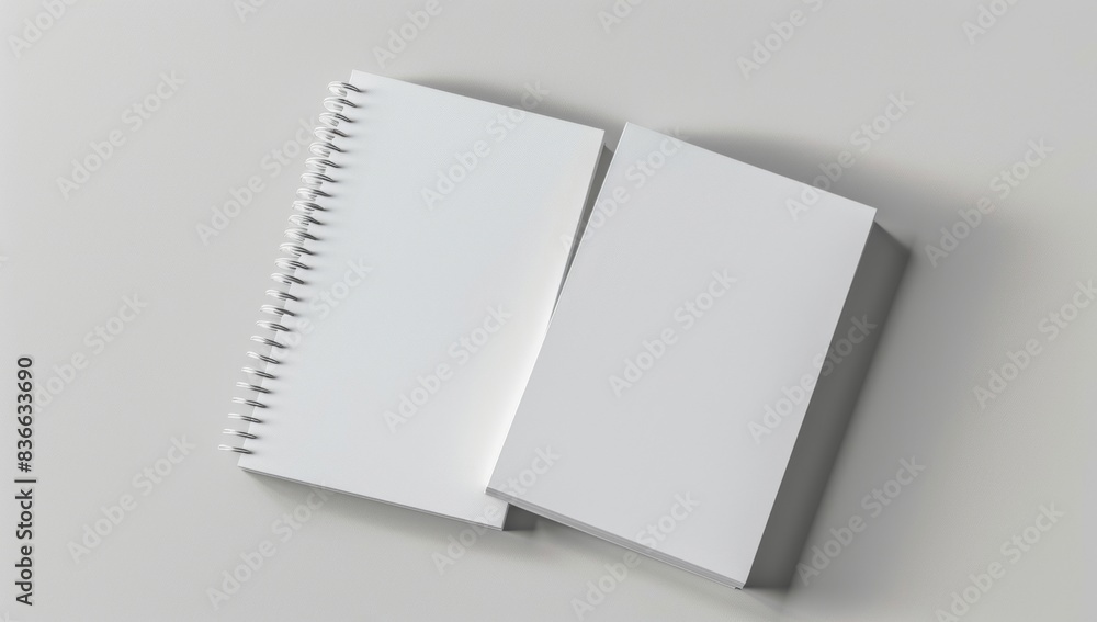 two white spiral notebook mockups, one on the left and another on right side of page two white spiral notebook mockups, one on the left and another on right side of page