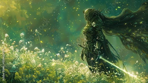 A Fantasy Warrior With Radiant Sword Amidst Diaphragm-Adorned Roadblocks and Lush Arugula Fields